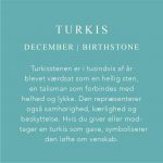 Fødselssten December er Turkis. Turkisstenen er i tusindvis af år blevet værdsat som hellig sten, en talisman som forbindes med helhed og lykke. Den repræsenterer også samhørighed, kærlighed og beskyttelse. Hvis du giver eller modtager en turkis som gave, symboliserer den løfte om venskab.